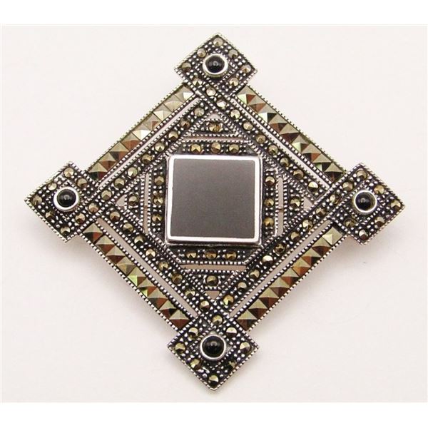 STERLING SQUARE MARCASITE BROOCH WITH