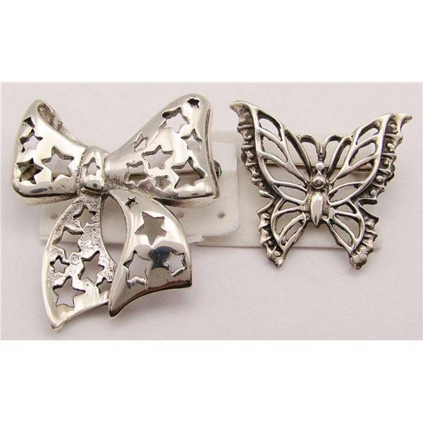 2-STERLING FLOWER AND BOW BROOCHES