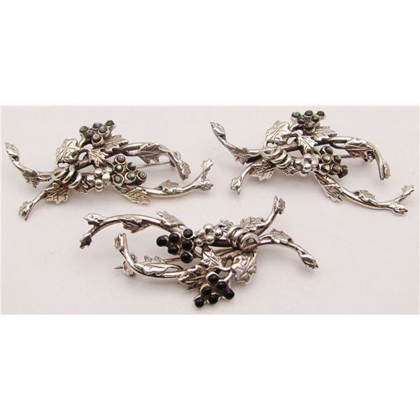 3-STERLING GRAPE LEAF BROOCHES WITH ABILONE