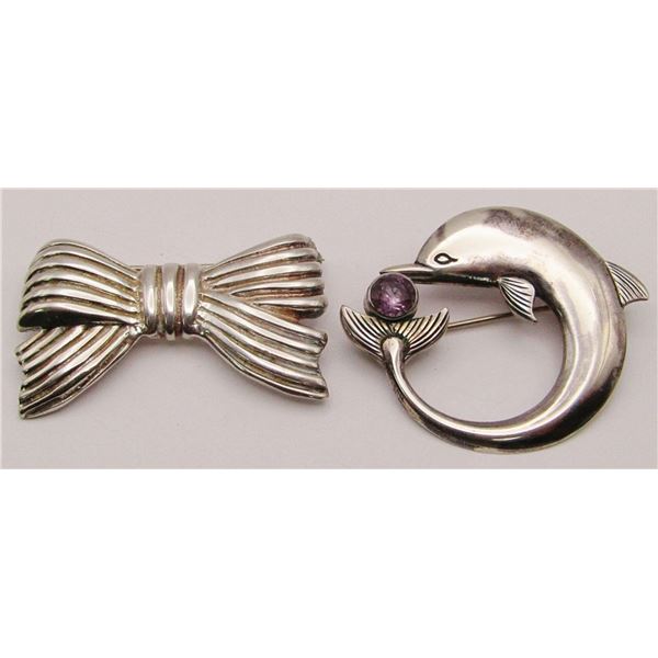 2-VINTAGE STERLING BROOCHES: (1)BOW &