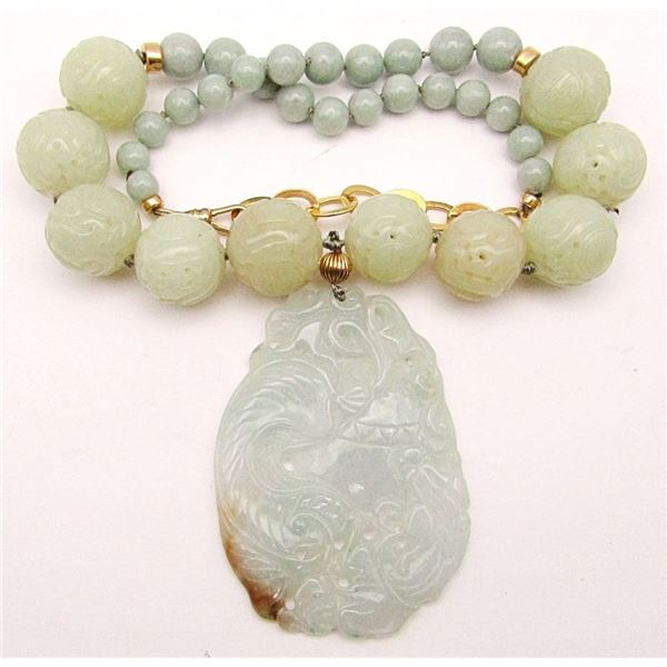 HEAVY! CARVED JADITE BEADED NECKLACE WITH