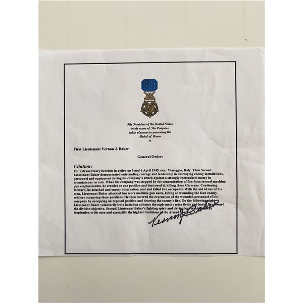 WWII First LT. Vernon J. Baker Signed Medal Of Honor Citation
