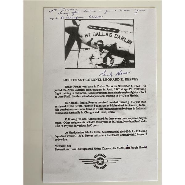 WW2 Ace Randy Reeves (Leonard R. Reeves) Signed P-51 My Dallas Darlin flyer