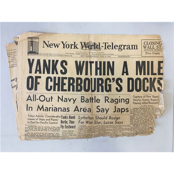 New York World - Telegram Original 1944 Vintage Newspaper