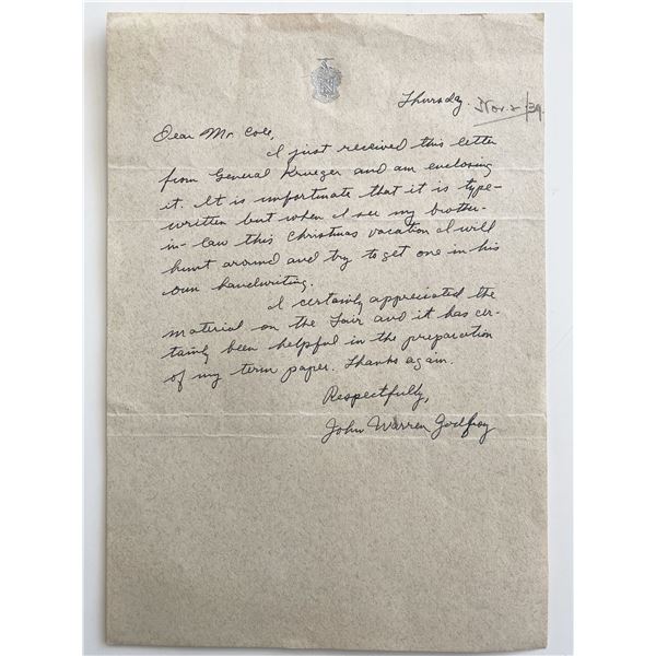 WWII British Military John Warren Godfrey Signed Hand Written Note