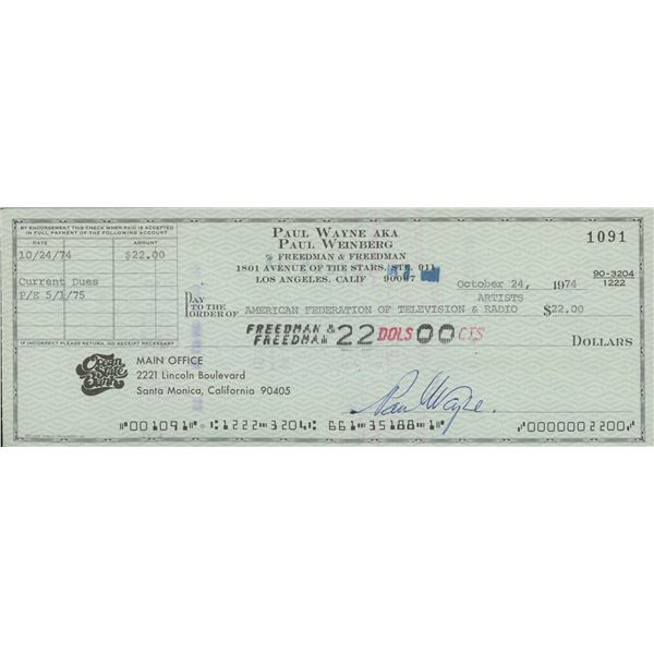 Paul Wayne signed check