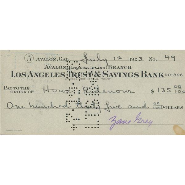Zane Grey signed check