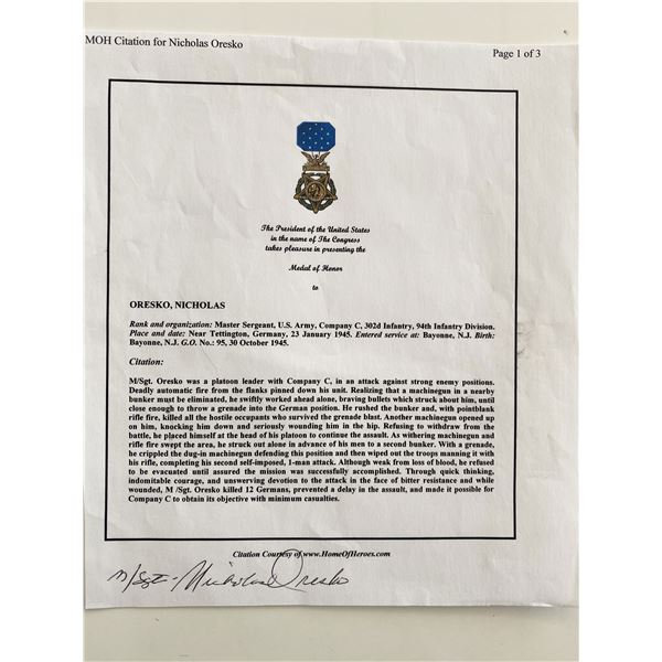 WWII Nicholas Oresko Signed Medal Of Honor Citation