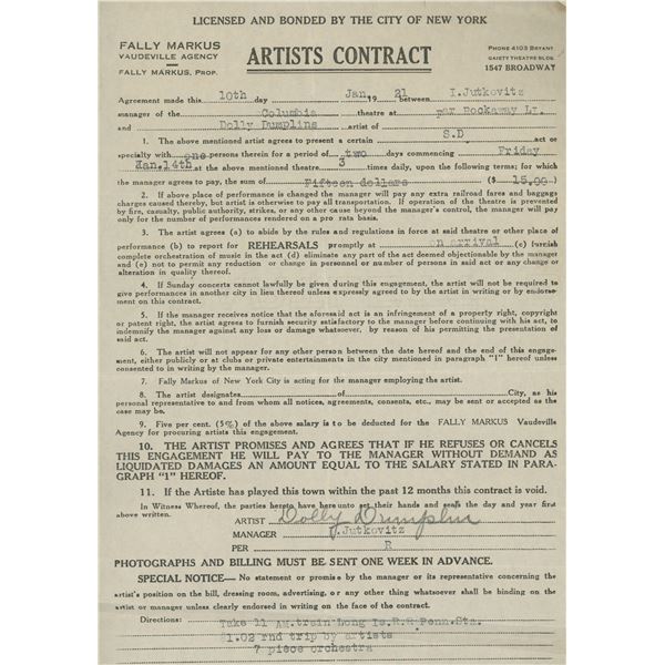 Artist Contract for Dolly Dumpling dated January 10, 1921