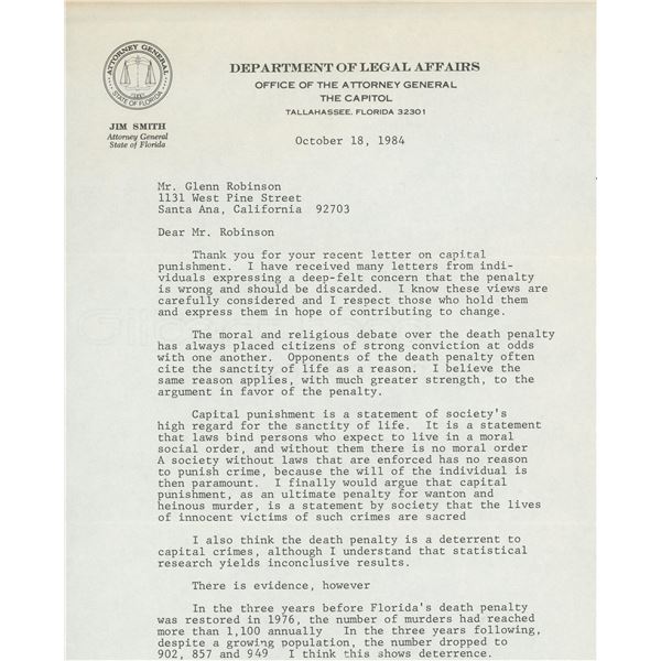 Jim Smith Florida Attorney General signed letter