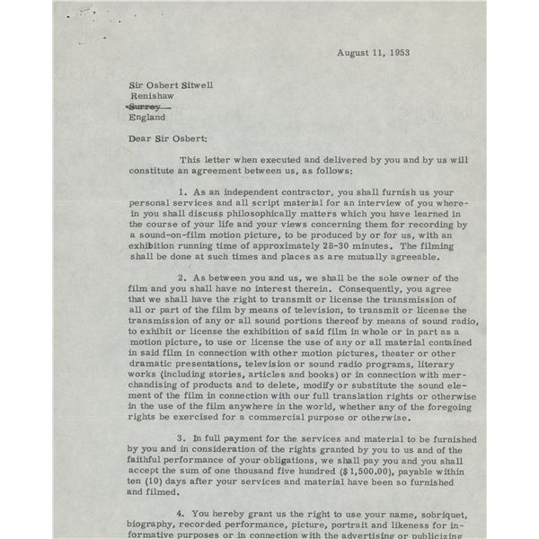 Sir Osbert Sitwell signed film contract