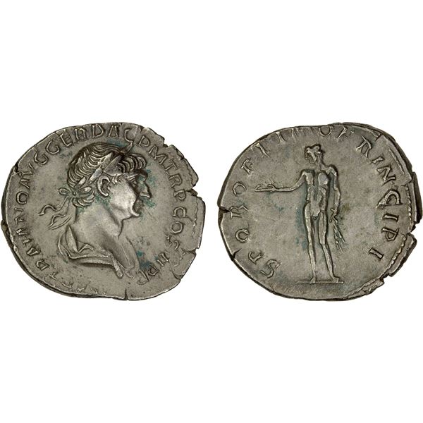 ROMAN EMPIRE: Trajan, 98-117 AD, AR denarius (2.83g), Rome, 112-114 AD, Choice VF