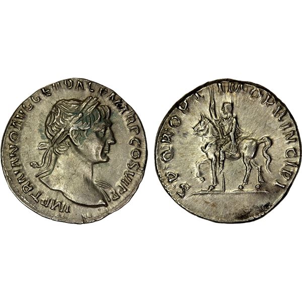 ROMAN EMPIRE: Trajan, 98-117 AD, AR denarius (2.80g), Rome, 112-114 AD, Choice VF