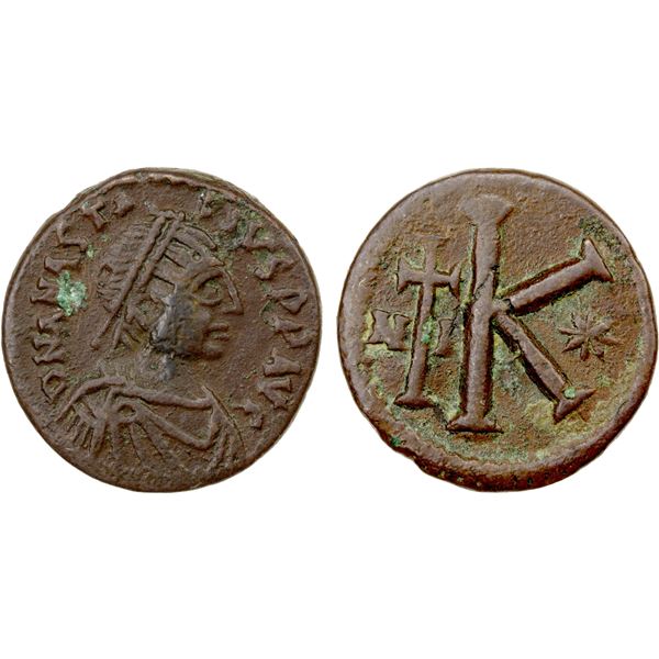 BYZANTINE EMPIRE: Anastasius I, 491-518, AE half follis (4.59g), Nicomedia, VF