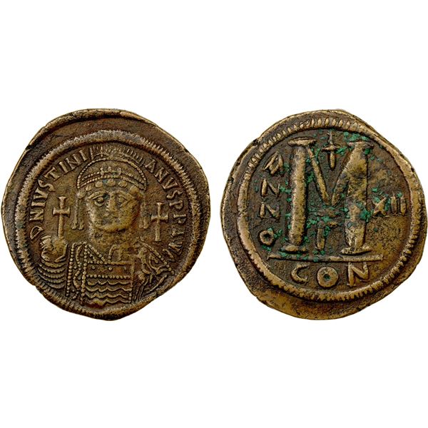 BYZANTINE EMPIRE: Justinian I, 527-565, AE follis (22.74g), Constantinople, year 12 (538/9 AD), VF