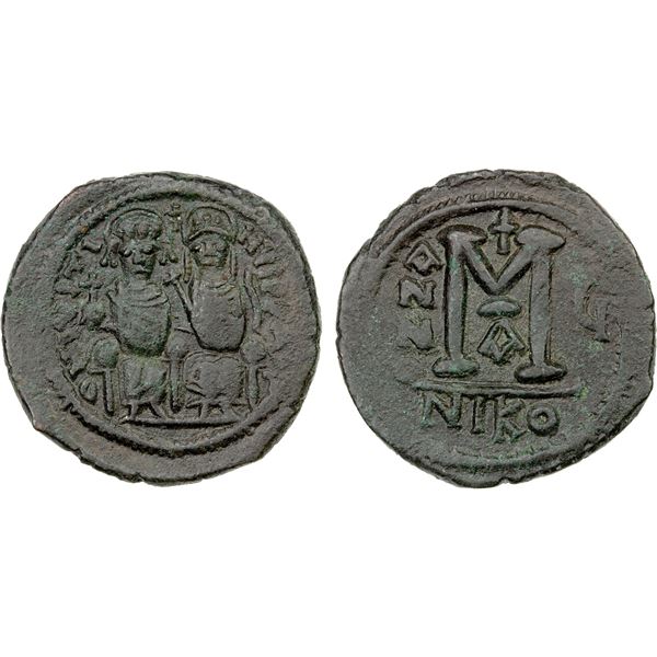 BYZANTINE EMPIRE: Justin II, 565-578, AE follis (15.72g), Nicomedia, year 6 (570/1 AD), VF-EF