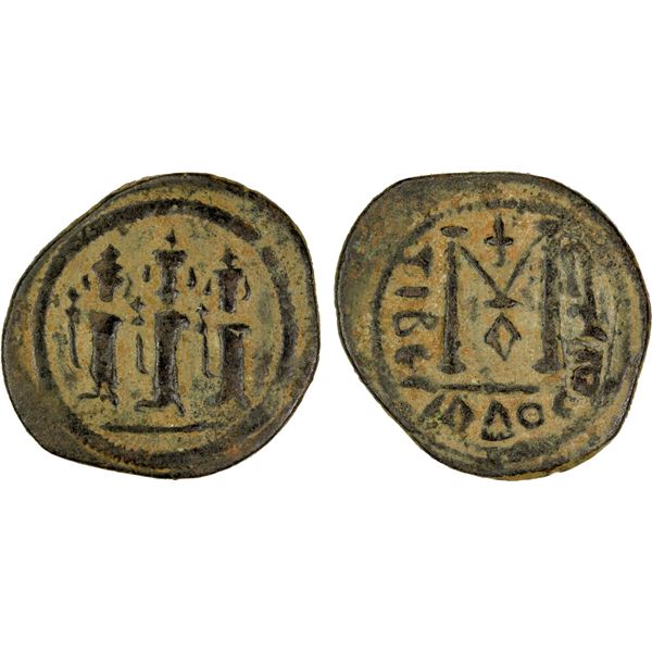 ARAB-BYZANTINE: Three Standing Figures, ca. 670s-690s, AE fals (5.43g), Tabariya, ND, VF