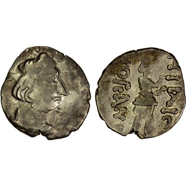 KUSHAN: Heraios, "the tyrant", ca. 1-30 AD, AR obol (0.42g), choice VF