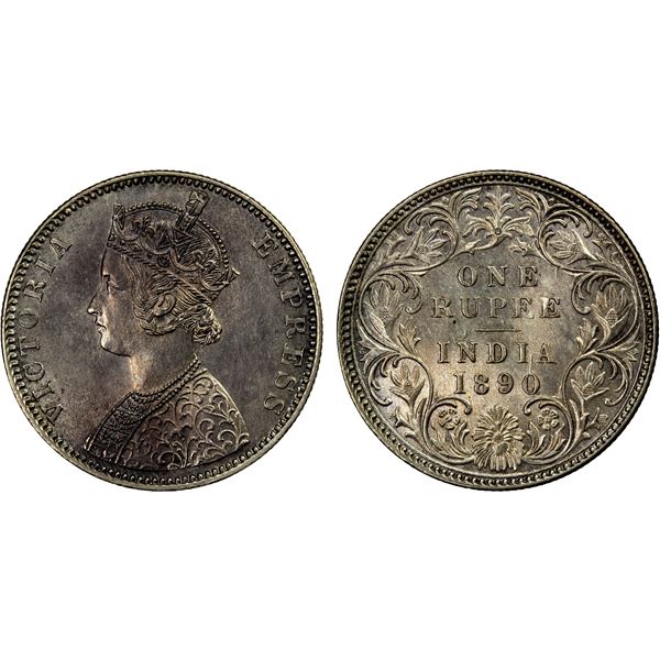 BRITISH INDIA: Victoria, Empress, 1876-1901, AR rupee, 1890-B, Unc