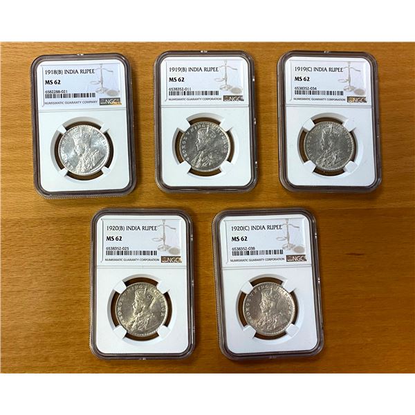 BRITISH INDIA: George V, 1910-1936, LOT of 5 silver rupees
