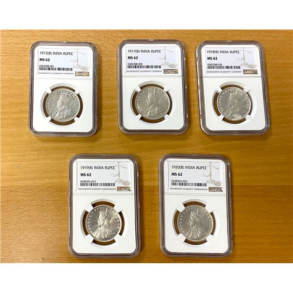 BRITISH INDIA: George V, 1910-1936, LOT of 5 silver rupees