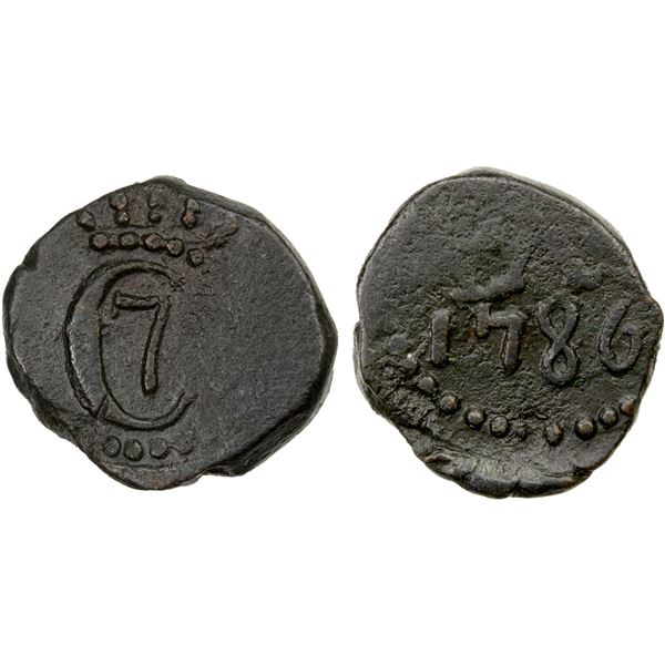 DANISH INDIA: Christian VII, 1766-1808, AE 4 kas (2.19g), Tranquebar, 1786, VF