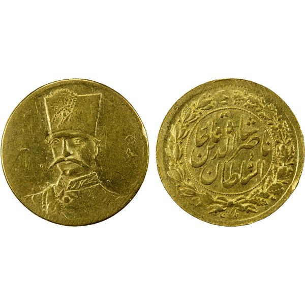 IRAN: Nasir al-Din Shah, 1848-1896, AV 5000 dinars (1.46g), AH13(0)5, EF-AU