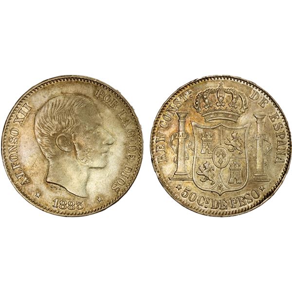 PHILIPPINES: Alfonso XII, 1874-1885, AR 50 centavos, 1883, EF