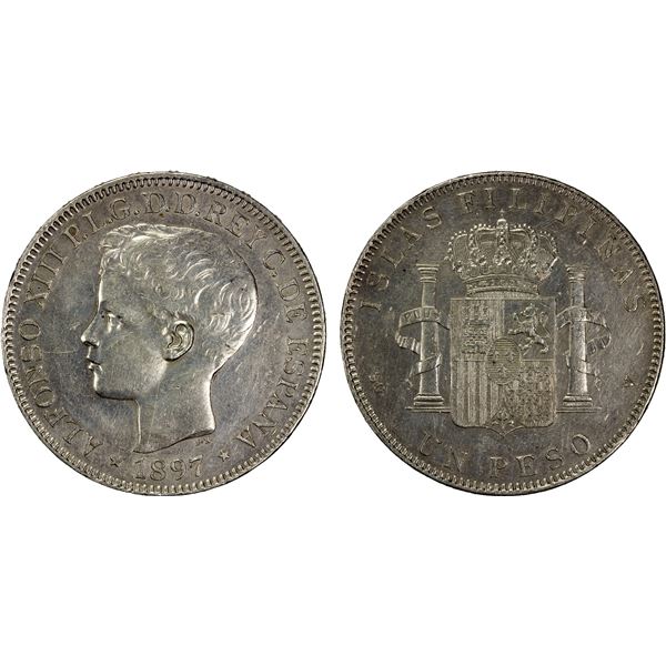 PHILIPPINES: Alfonso XIII, 1886-1898, AR peso, 1897, EF