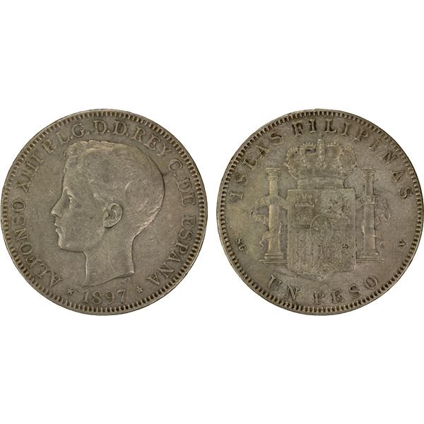 PHILIPPINES: Alfonso XIII, 1886-1898, AR peso, 1897, Choice VF