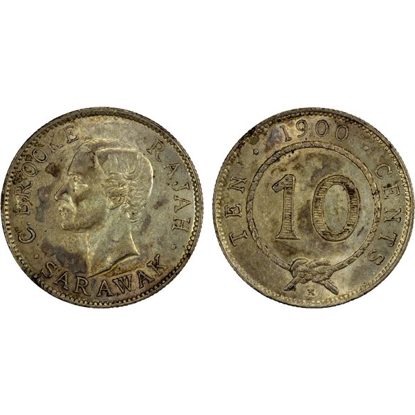 SARAWAK: Charles J. Brooke, 1868-1917, AR 10 cents, 1900-H, AU