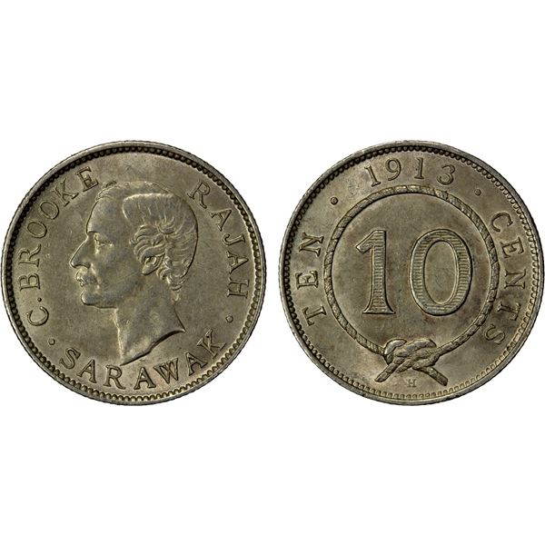 SARAWAK: Charles J. Brooke, 1868-1917, AR 10 cents, 1913-H, EF-AU