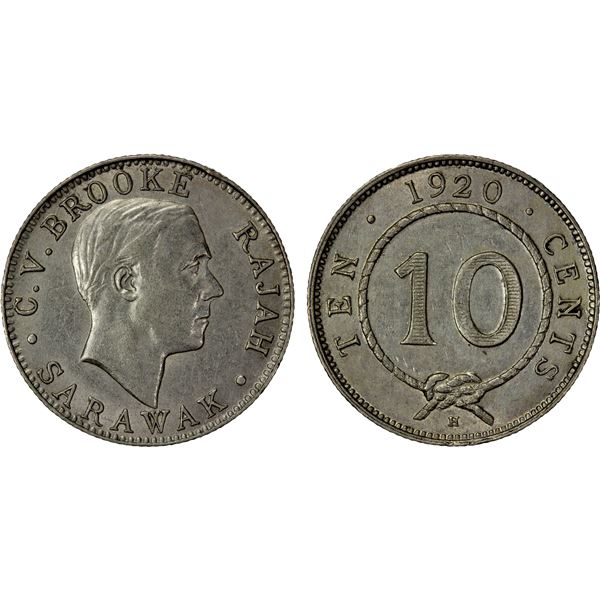 SARAWAK: Charles V. Brooke, 1917-1946, AR 10 cents, 1920-H, Choice EF