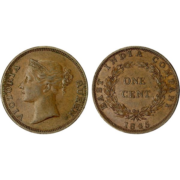 STRAITS SETTLEMENTS: Victoria, 1837-1901, AE cent, 1845, Choice EF