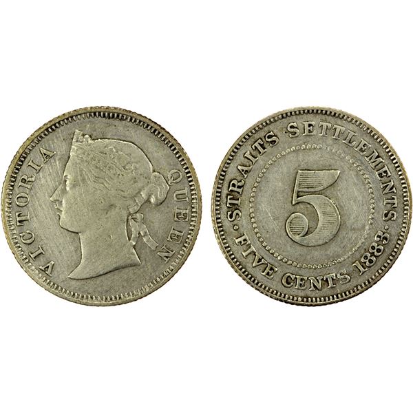 STRAITS SETTLEMENTS: Victoria, 1837-1901, AR 5 cents, 1883, Fine