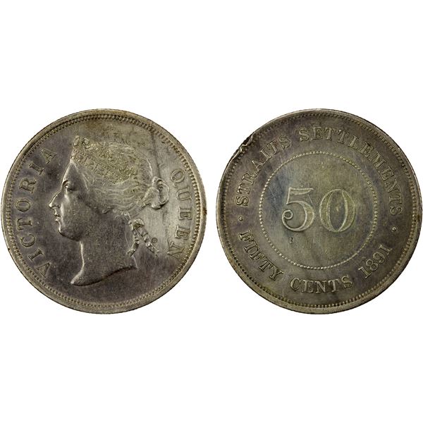 STRAITS SETTLEMENTS: Victoria, 1837-1901, AR 50 cents, 1891, EF