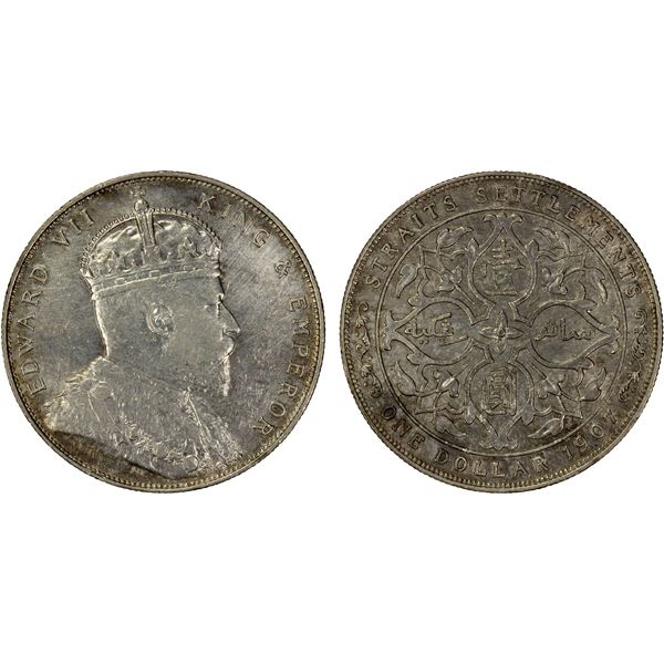 STRAITS SETTLEMENTS: Edward VII, 1901-1910, AR dollar, 1907, EF