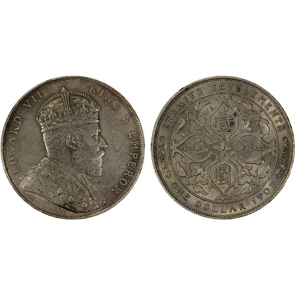 STRAITS SETTLEMENTS: Edward VII, 1901-1910, AR dollar, 1907-H, EF