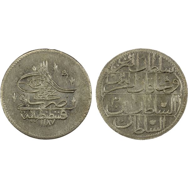 TURKEY: Abdul Hamid I, 1774-1789, AR piastre, Kostantiniye, AH1187 year 3, Unc