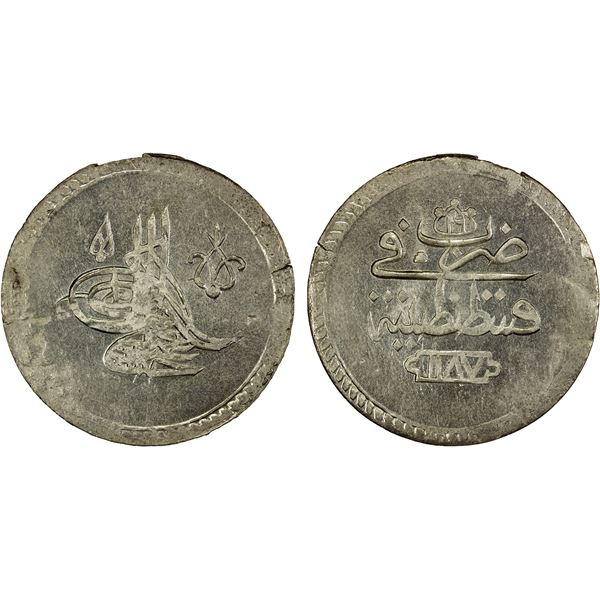 TURKEY: Abdul Hamid I, 1774-1789, AR 2 piastres (29.92g), Kostantiniye, AH1187 year 16, AU-UNC