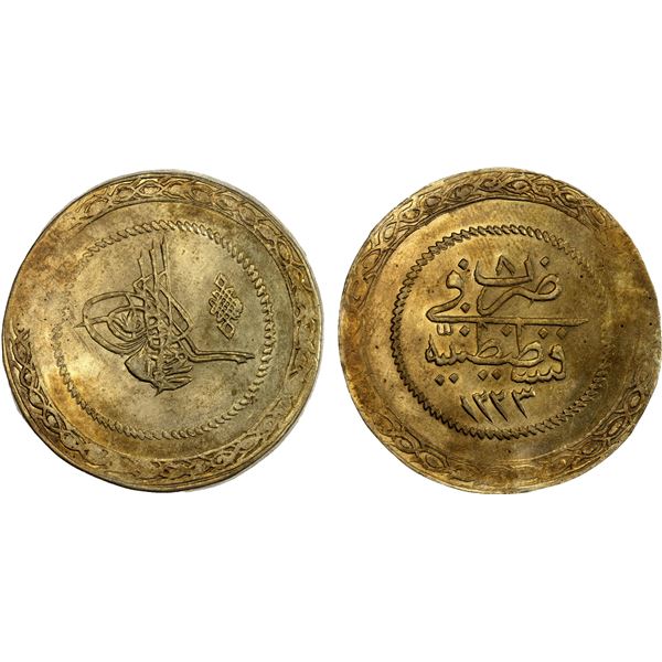 TURKEY: Mahmud II, 1808-1839, AR 5 kurush, Kostantiniye, AH1223 year 8, AU-UNC