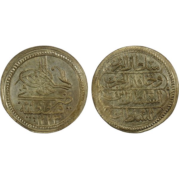 TURKEY: Mahmud II, 1808-1839, AR kurush, Kostantiniye, AH1223 year 14, Choice AU