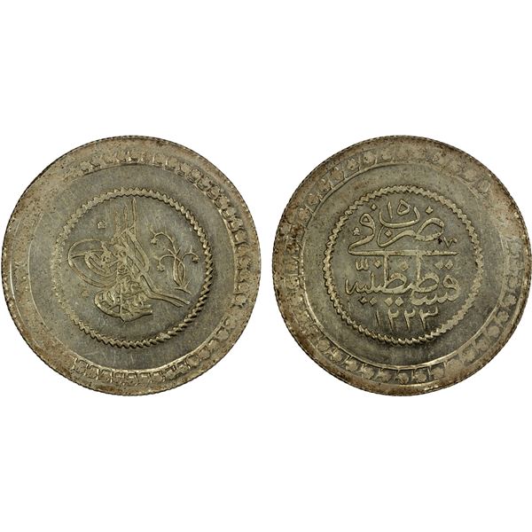 TURKEY: Mahmud II, 1808-1839, AR 2 kurush, Kostantiniye, AH1223 year 15, AU-UNC