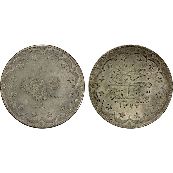 TURKEY: Mehmet V, 1909-1918, AR 20 kurush, Kostantiniye, AH1327 year 9, Choice AU