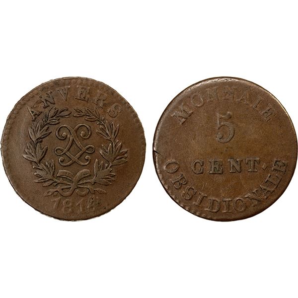 BELGIUM: ANTWERP: Siege Issue, AE 5 centimes, 1814, VF-EF