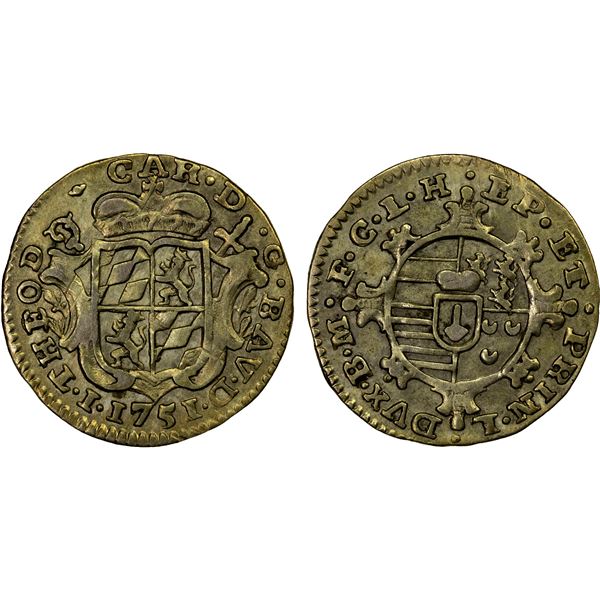 BELGIUM: LIÈGE: Jean-Théodore, of Bavaria, 1744-1763, AR plaquette (14 liards), 1751, EF