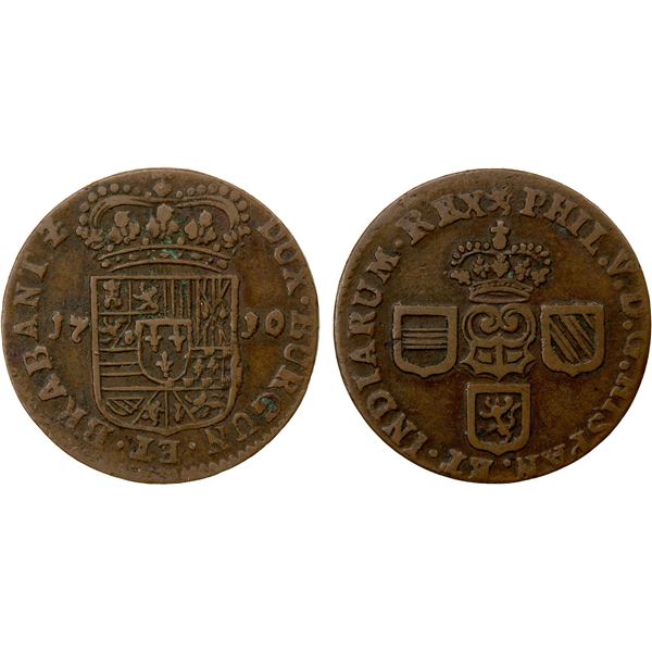 BELGIUM: NAMUR: Philip V, 1700-1711, AE liard, Namur, 1710, F-VF