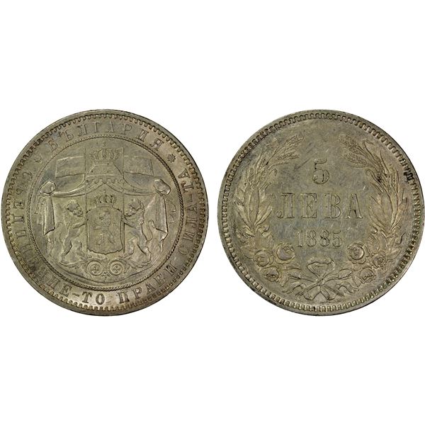 BULGARIA: Alexander I, as Prince, 1879-1886, AR 5 leva, 1885, EF-AU