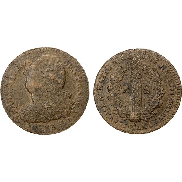 FRANCE: Louis XVI, 1774-1790, AE 2 sols, 1793/L'AN 5-BB, EF