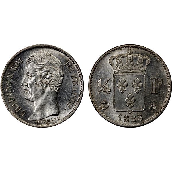 FRANCE: Charles X, 1824-1830, AR ¼ franc, 1828-A, Unc